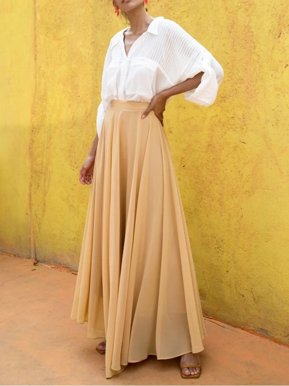 Chicwish Timeless Favorite Chiffon Boho Chic Flowy Maxi Skirt In Light Tan S